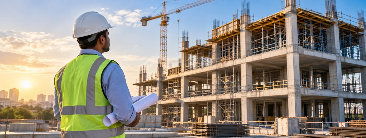 Site engineer reviewing a building under construction