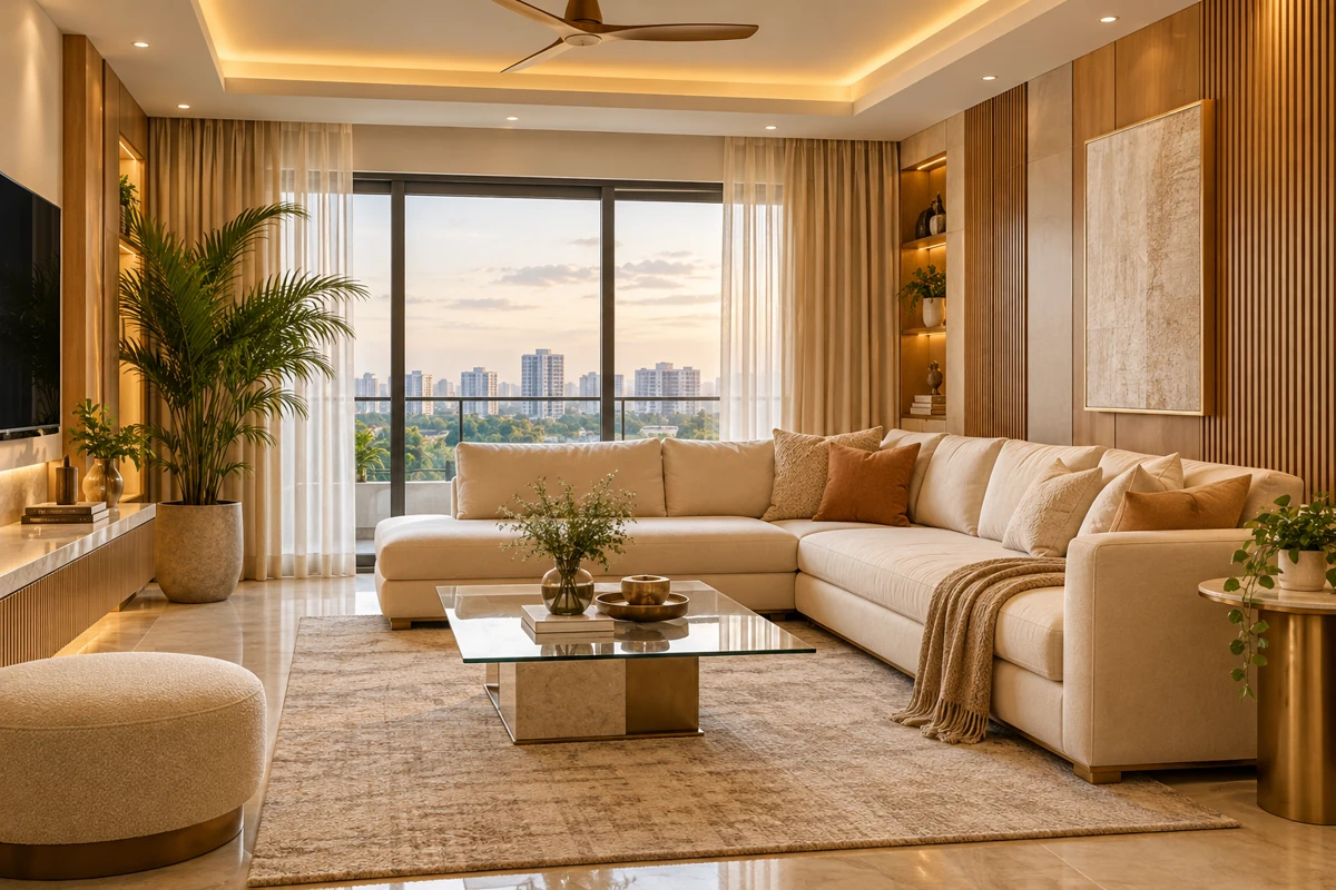 Warm modern living room with a cream sofa